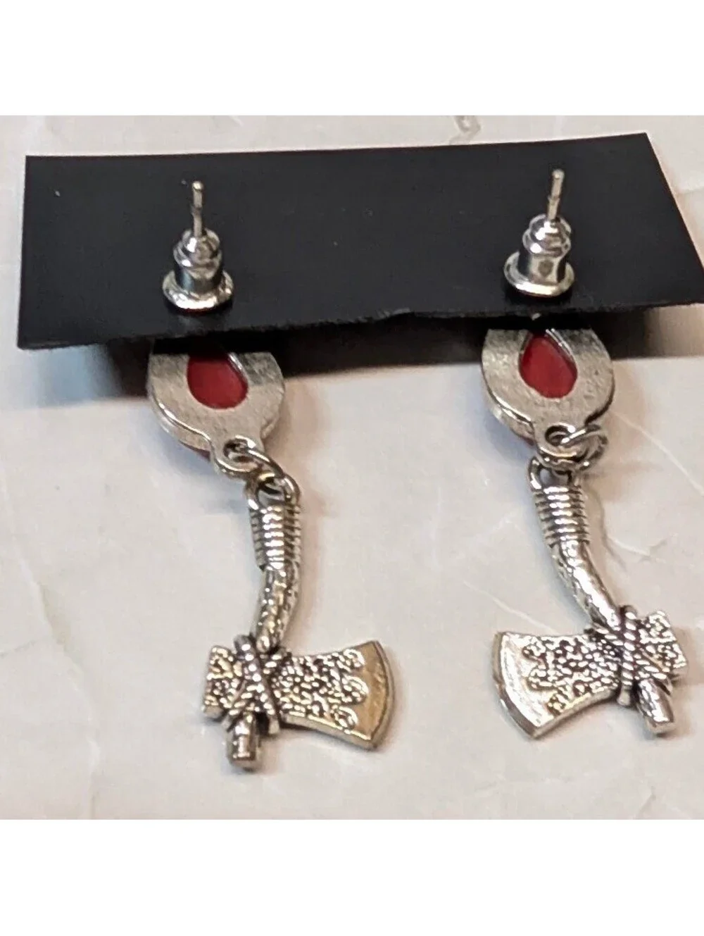 Vintage New Dangle Earrings Silver Red Axe Hatchet Stone Drop Post Back Jewelry